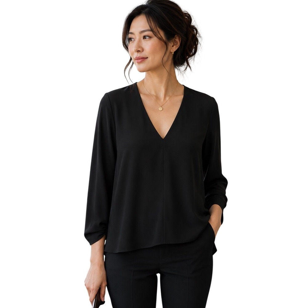Tibi Black Ruched Sleeves A-Line V-Neck Top Size 10 Work Office